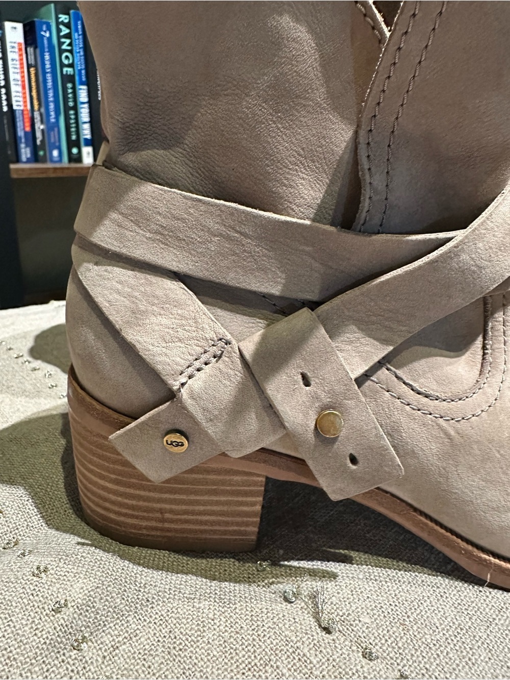 UGG Elora Ankle Boots Womens 8.5 Taupe Suede Wrap Strap Block Heel Boho - Picture 4 of 9